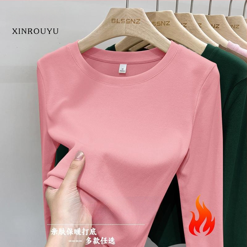 Μπλουζάκι με μακριά μανίκια, στρογγυλή λαιμόκοψη, βουρτσισμένος πολυεστέρας, μονόχρωμο, στενή εφαρμογή, άνοιξη 2025