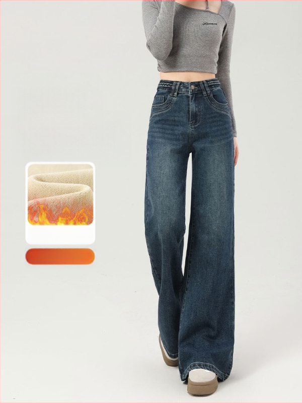 Jeansi evazați cu fleece, talie medie, denim gros, finisaj spălat, pentru femei