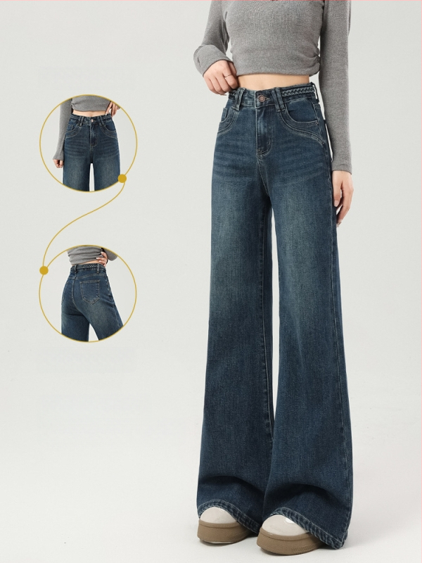 Jeansi evazați cu fleece, talie medie, denim gros, finisaj spălat, pentru femei