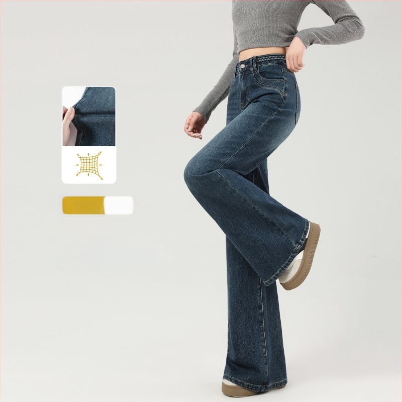 Jeansi evazați cu fleece, talie medie, denim gros, finisaj spălat, pentru femei