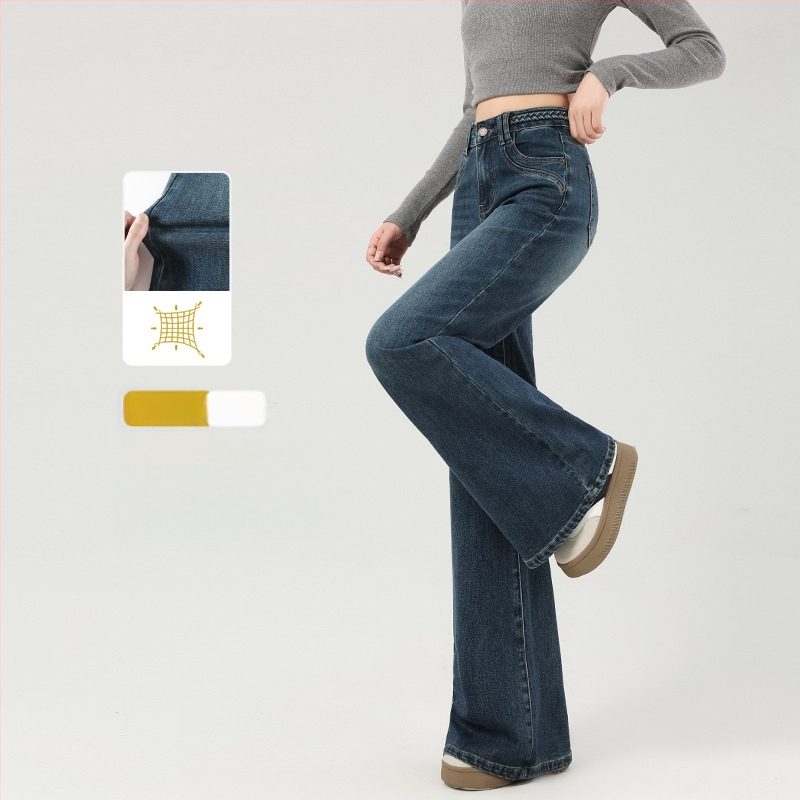 Jeansi evazați cu fleece, talie medie, denim gros, finisaj spălat, pentru femei