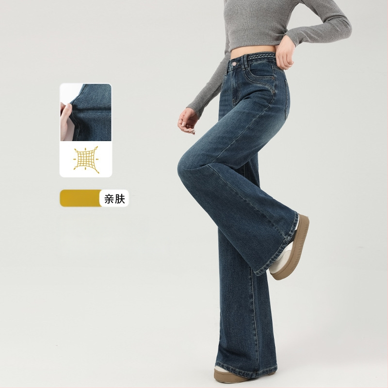 Jeansi evazați cu fleece, talie medie, denim gros, finisaj spălat, pentru femei