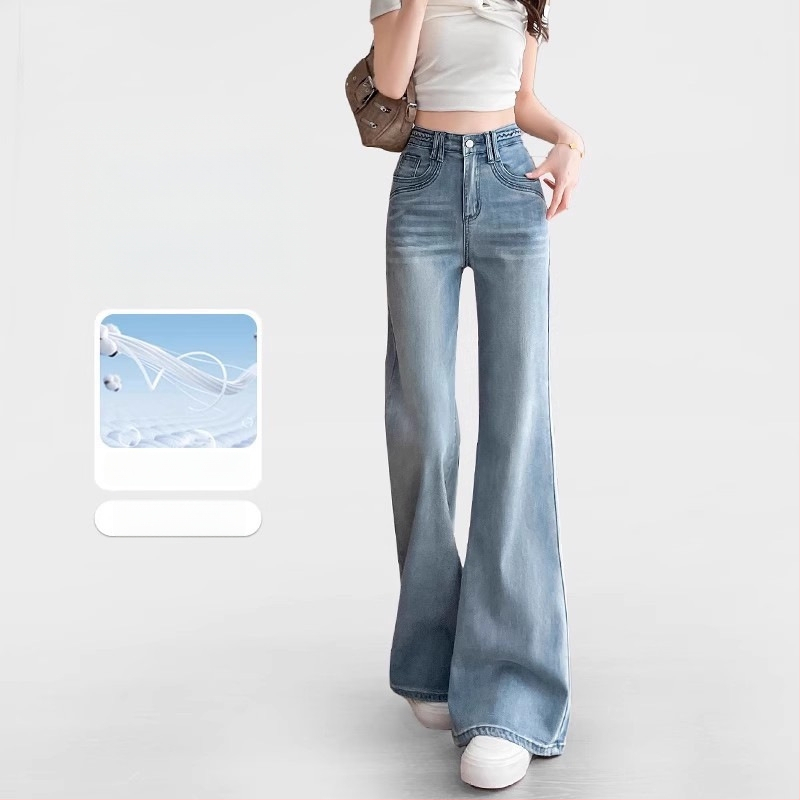 Jeansi evazați cu fleece, talie medie, denim gros, finisaj spălat, pentru femei