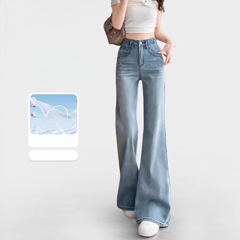 Jeansi evazați cu fleece, talie medie, denim gros, finisaj spălat, pentru femei