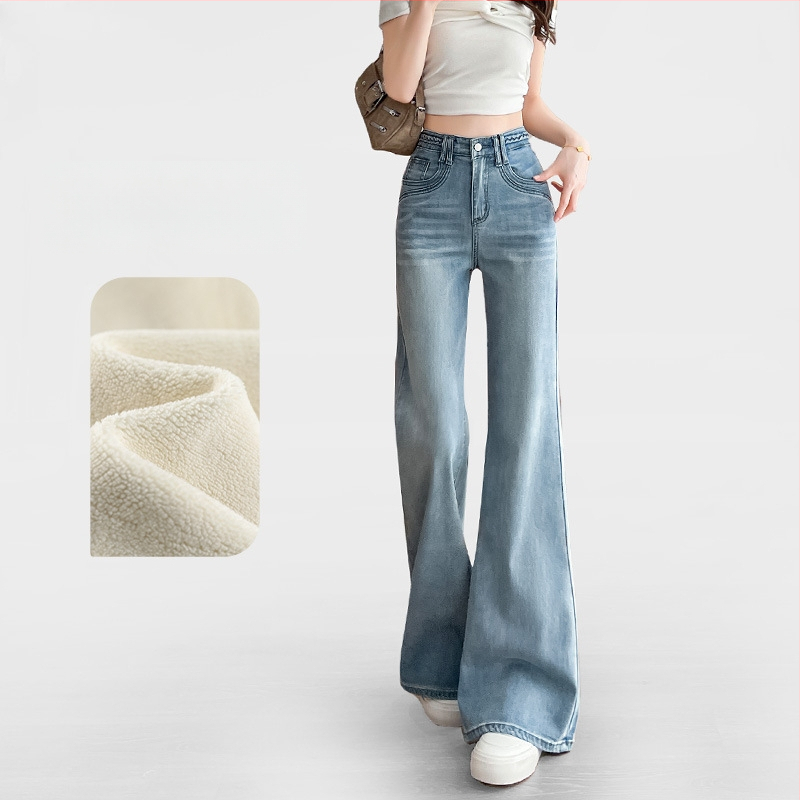 Jeansi evazați cu fleece, talie medie, denim gros, finisaj spălat, pentru femei