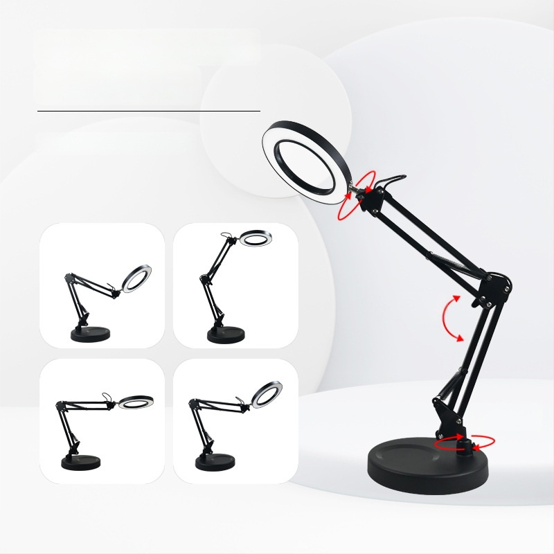 Φωτιστικό LED γραφείου με προστασία ματιών, μακρύ βραχίονας και αναδιπλούμενος μεγεθυντικός φακός, 6–10W, τροφοδοσία USB, CE πιστοποιημένο, CRI 80–89, τάση ≤36V