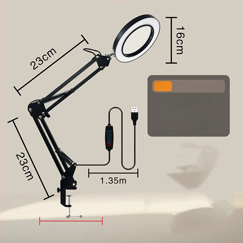 Φωτιστικό LED γραφείου με προστασία ματιών, μακρύ βραχίονας και αναδιπλούμενος μεγεθυντικός φακός, 6–10W, τροφοδοσία USB, CE πιστοποιημένο, CRI 80–89, τάση ≤36V