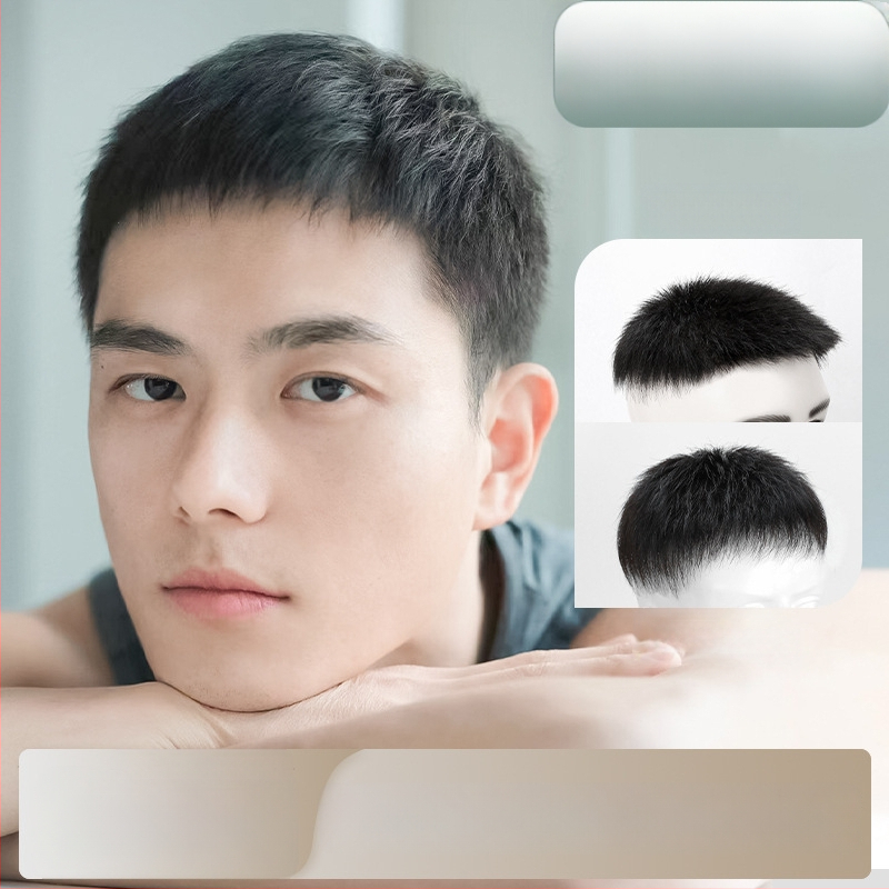 Férfi rövid paróka valódi hajból, kézzel készített, fedés a fej tetején és a hajhullás területén