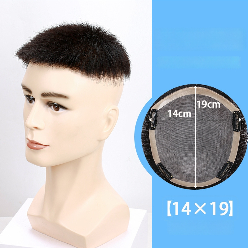 Férfi rövid paróka valódi hajból, kézzel készített, fedés a fej tetején és a hajhullás területén