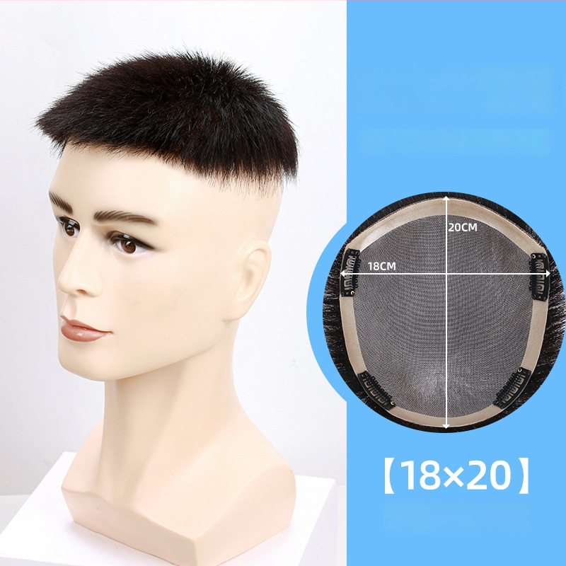 Férfi rövid paróka valódi hajból, kézzel készített, fedés a fej tetején és a hajhullás területén