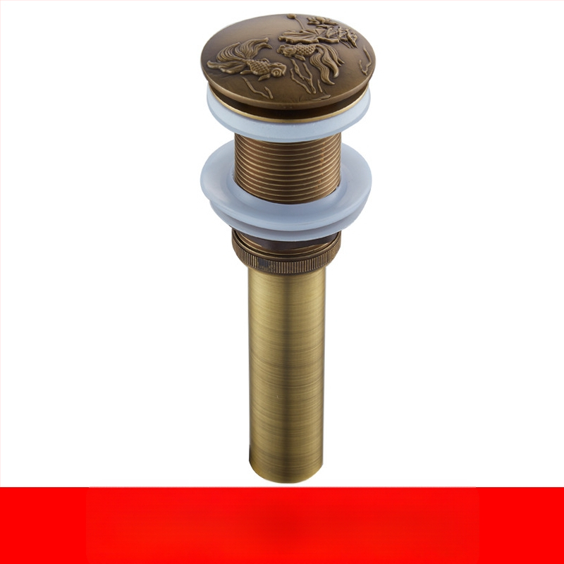 Antický odtok do umývadla z čistej meďe s vyrezávaným vzorom a pop-up mechanizmom