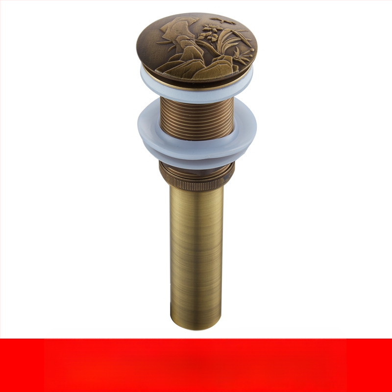 Antický odtok do umývadla z čistej meďe s vyrezávaným vzorom a pop-up mechanizmom