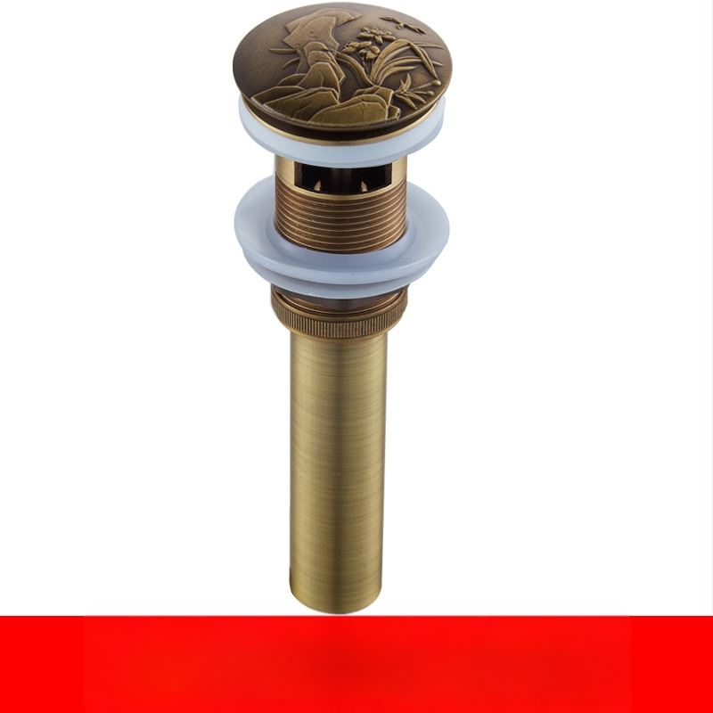 Antický odtok do umývadla z čistej meďe s vyrezávaným vzorom a pop-up mechanizmom