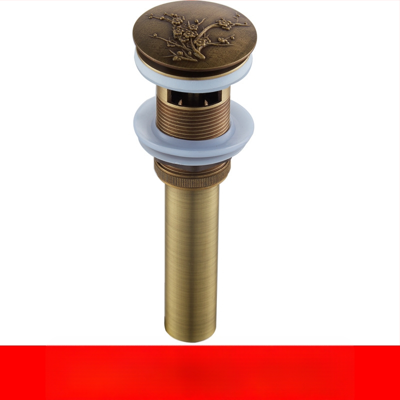 Antický odtok do umývadla z čistej meďe s vyrezávaným vzorom a pop-up mechanizmom