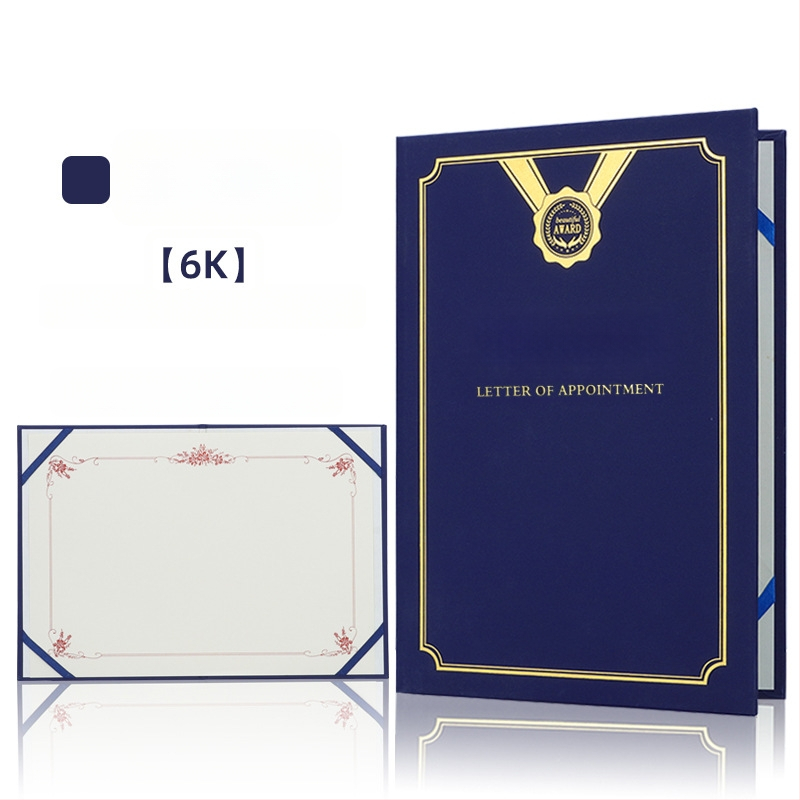 Kinevezési levél forró fóliázott borítóval és gyöngyházfényű matt felülettel, papíron. Specifikációk: 12K, 8K, 6K, 5K, 16K. Célzott felhasználók: diákok, tanárok, köztisztviselők, irodai dolgozók és vállalati munkatársak.