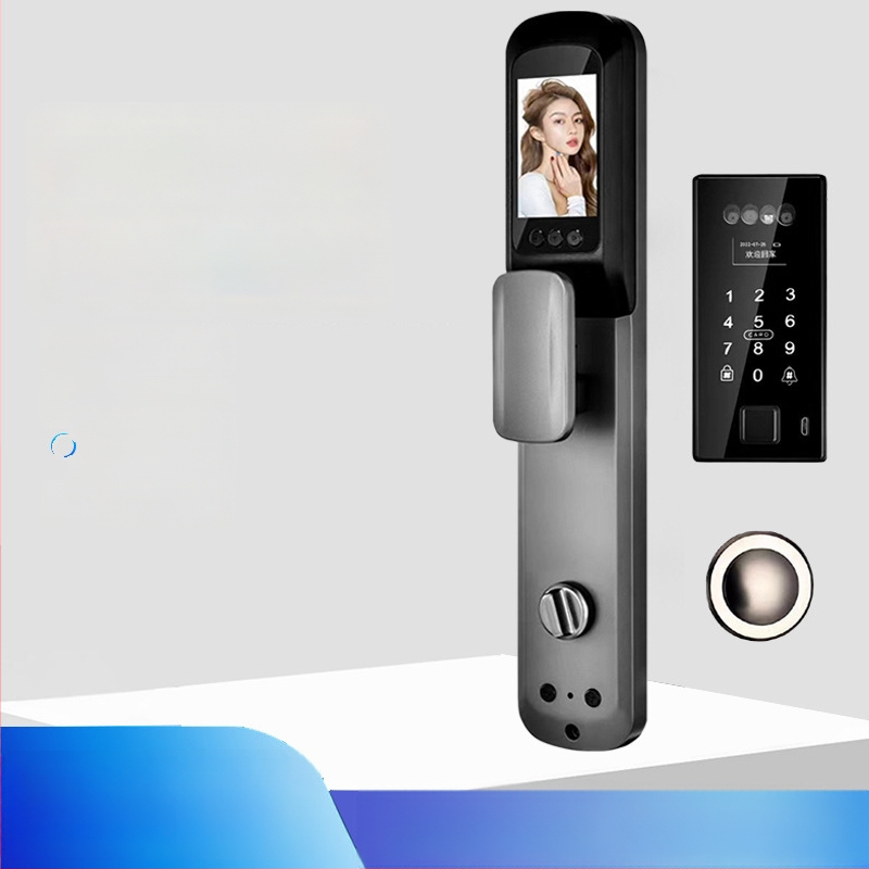 Умна биометрична заключалка за врата с лицево разпознаване и отпечатък, водоустойчива, дистанционно отключване, капацитет на отпечатъци 100, над 100000 отключвания, време за сканиране <0.5 s, фалшиво разпознаване <0.001%, DC захранване