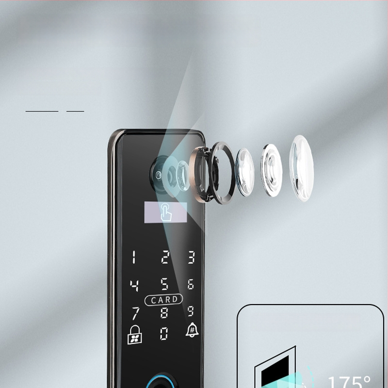 Умна биометрична заключалка за врата с лицево разпознаване и отпечатък, водоустойчива, дистанционно отключване, капацитет на отпечатъци 100, над 100000 отключвания, време за сканиране <0.5 s, фалшиво разпознаване <0.001%, DC захранване
