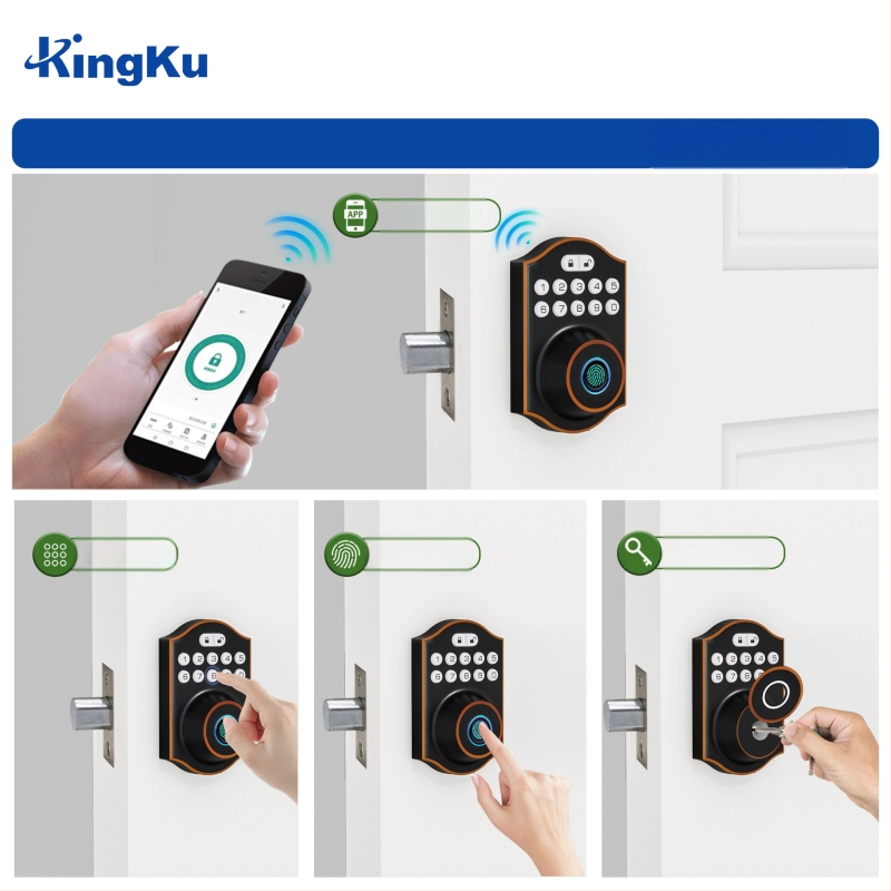 Умна брава за дървена спалня врата с пръстов отпечатък и парола, модел D6/D7, капацитет пръстови отпечатъци 100, време на сканиране 0.05 s, работна температура -25 до 45°C, захранване с 4 AA батерии