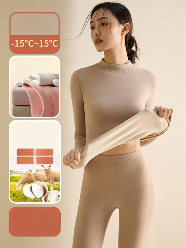 Set de lenjerie termică pentru femei din fibră de poliester, guler semi-turtleneck, strat dublu, țesătură groasă 251-300 g/m², căptușeală velur