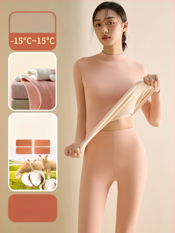 Set de lenjerie termică pentru femei din fibră de poliester, guler semi-turtleneck, strat dublu, țesătură groasă 251-300 g/m², căptușeală velur