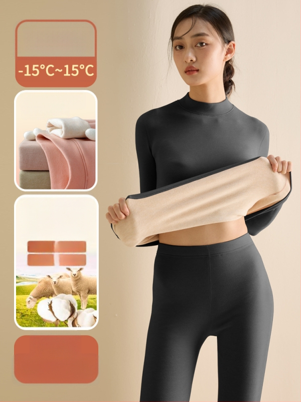 Set de lenjerie termică pentru femei din fibră de poliester, guler semi-turtleneck, strat dublu, țesătură groasă 251-300 g/m², căptușeală velur