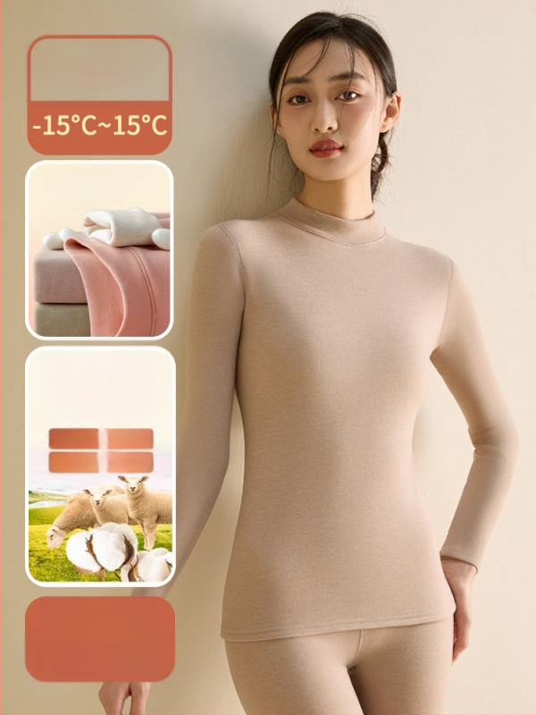 Set de lenjerie termică pentru femei din fibră de poliester, guler semi-turtleneck, strat dublu, țesătură groasă 251-300 g/m², căptușeală velur