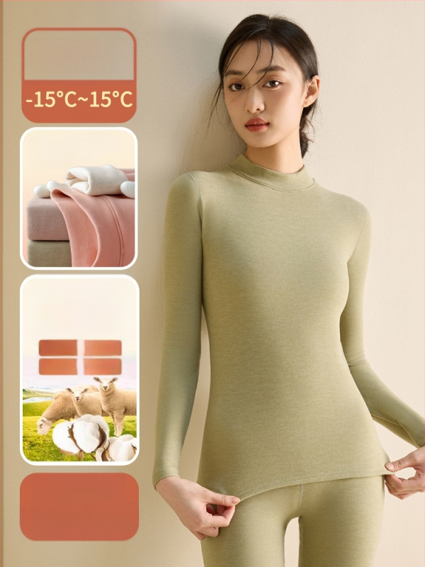 Set de lenjerie termică pentru femei din fibră de poliester, guler semi-turtleneck, strat dublu, țesătură groasă 251-300 g/m², căptușeală velur