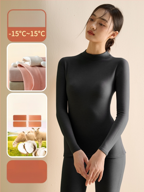 Set de lenjerie termică pentru femei din fibră de poliester, guler semi-turtleneck, strat dublu, țesătură groasă 251-300 g/m², căptușeală velur