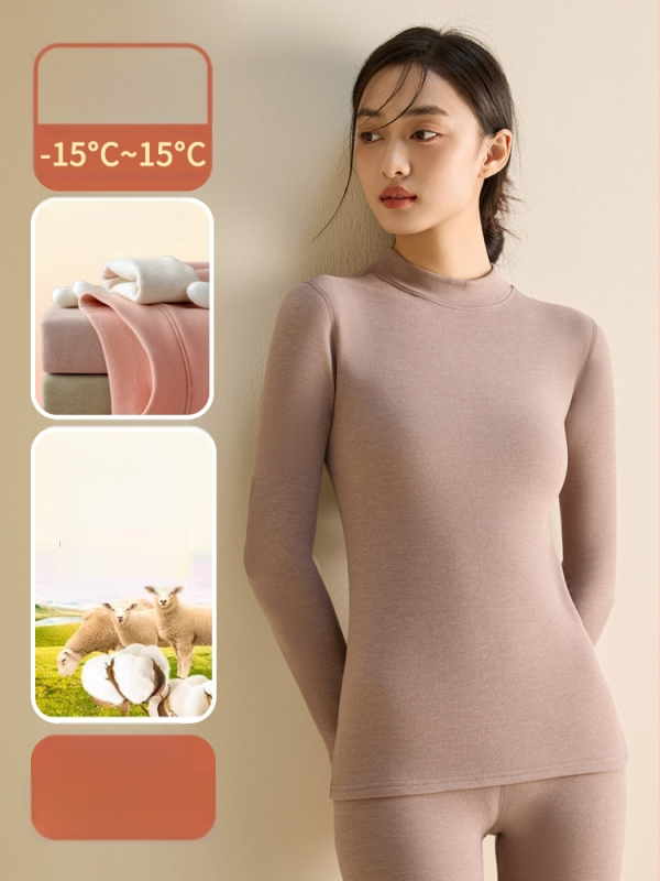 Set de lenjerie termică pentru femei din fibră de poliester, guler semi-turtleneck, strat dublu, țesătură groasă 251-300 g/m², căptușeală velur