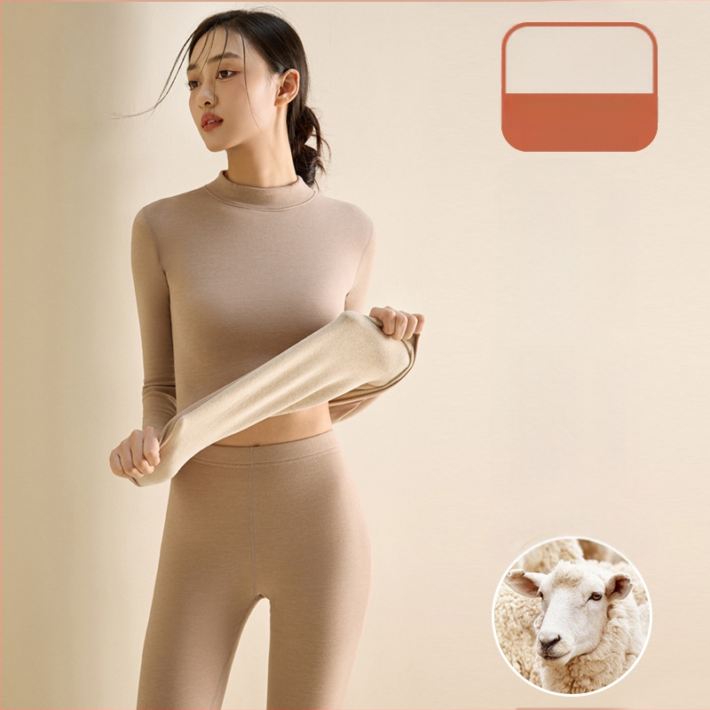 Set de lenjerie termică pentru femei din fibră de poliester, guler semi-turtleneck, strat dublu, țesătură groasă 251-300 g/m², căptușeală velur