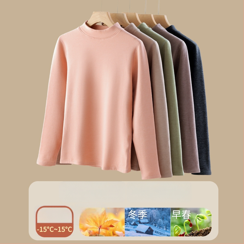 Set de lenjerie termică pentru femei din fibră de poliester, guler semi-turtleneck, strat dublu, țesătură groasă 251-300 g/m², căptușeală velur