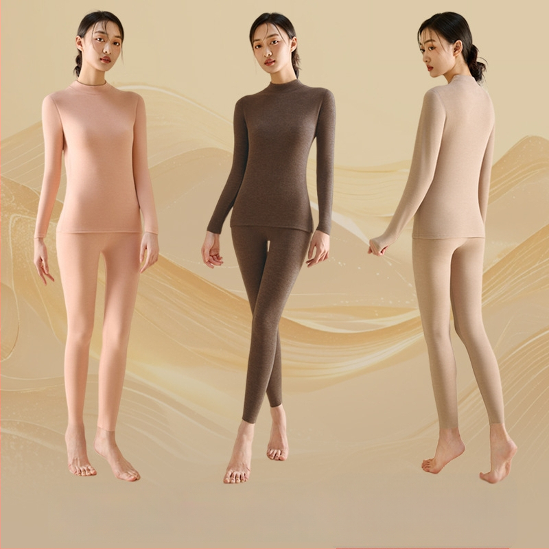Set de lenjerie termică pentru femei din fibră de poliester, guler semi-turtleneck, strat dublu, țesătură groasă 251-300 g/m², căptușeală velur
