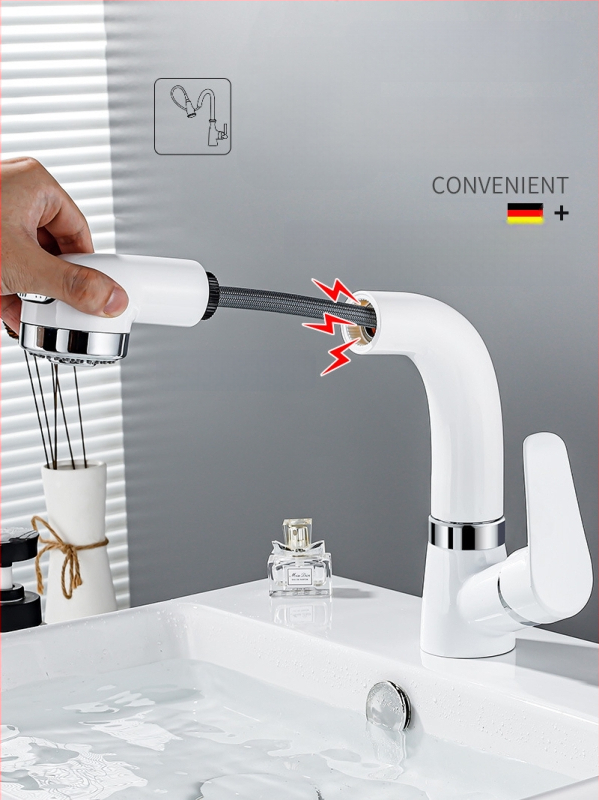 Meďový výsuvný kohútik na umývadlo, model JY-8057, otočný, keramická kartuš, zvislá inštalácia