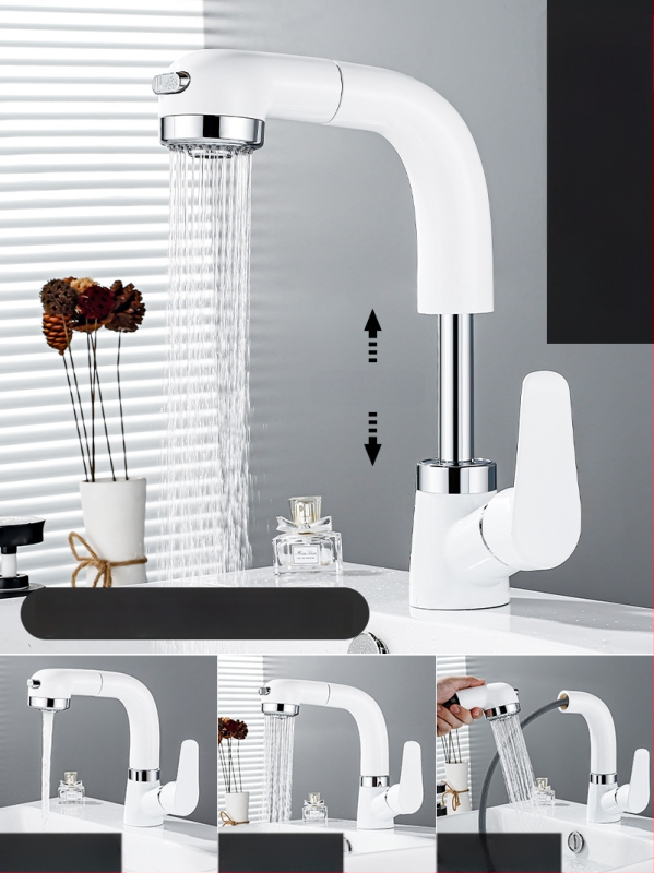 Meďový výsuvný kohútik na umývadlo, model JY-8057, otočný, keramická kartuš, zvislá inštalácia