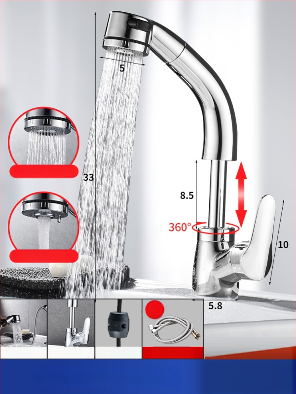 Meďový výsuvný kohútik na umývadlo, model JY-8057, otočný, keramická kartuš, zvislá inštalácia