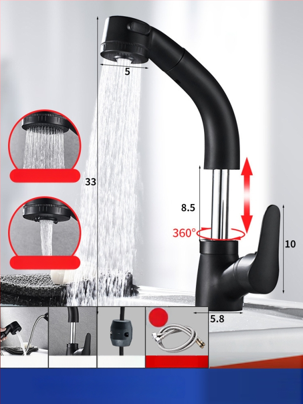 Meďový výsuvný kohútik na umývadlo, model JY-8057, otočný, keramická kartuš, zvislá inštalácia