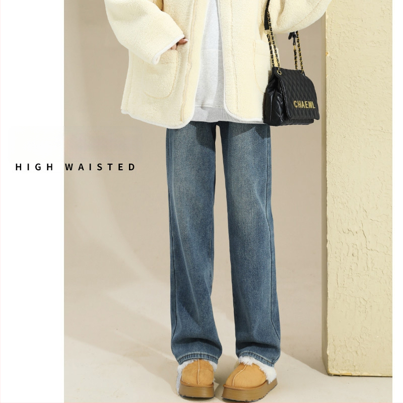 Jeansi de damă cu căptușeală fleece, croială dreaptă, talie înaltă, denim din bumbac, toamnă 2025