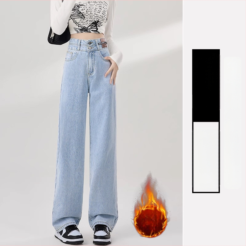 Jeansi de damă cu căptușeală fleece, croială dreaptă, talie înaltă, denim din bumbac, toamnă 2025