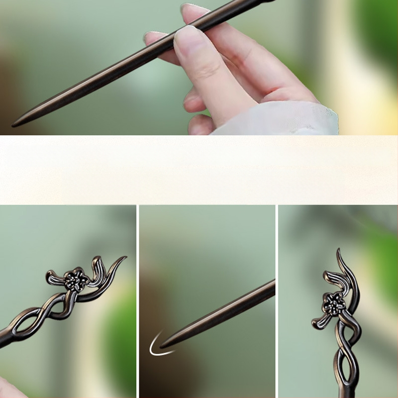 Clema de păr din lemn gravată cu floare de prune, în stil chinezesc (Material: Lemn; Stil: Chinezesc; Procesare: Gravare; Formă: Flori)