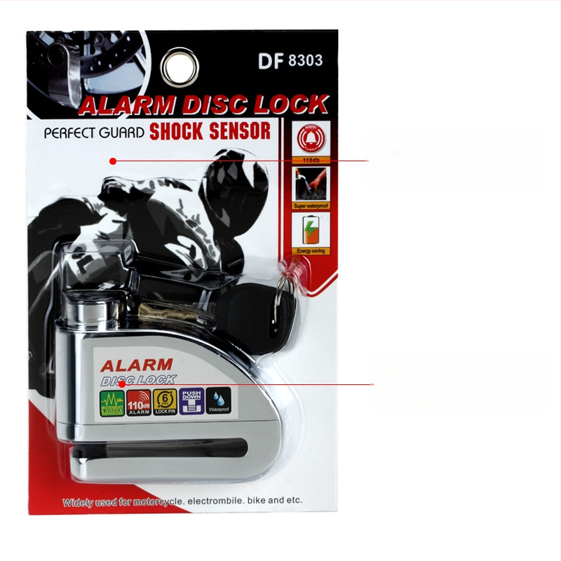 Riasztó tárcsafék-zár elektromos kerékpárhoz és motorkerékpárhoz, DF 8308, Anyag: cink-ötvözet, réz, Tömeg: 0,51 kg