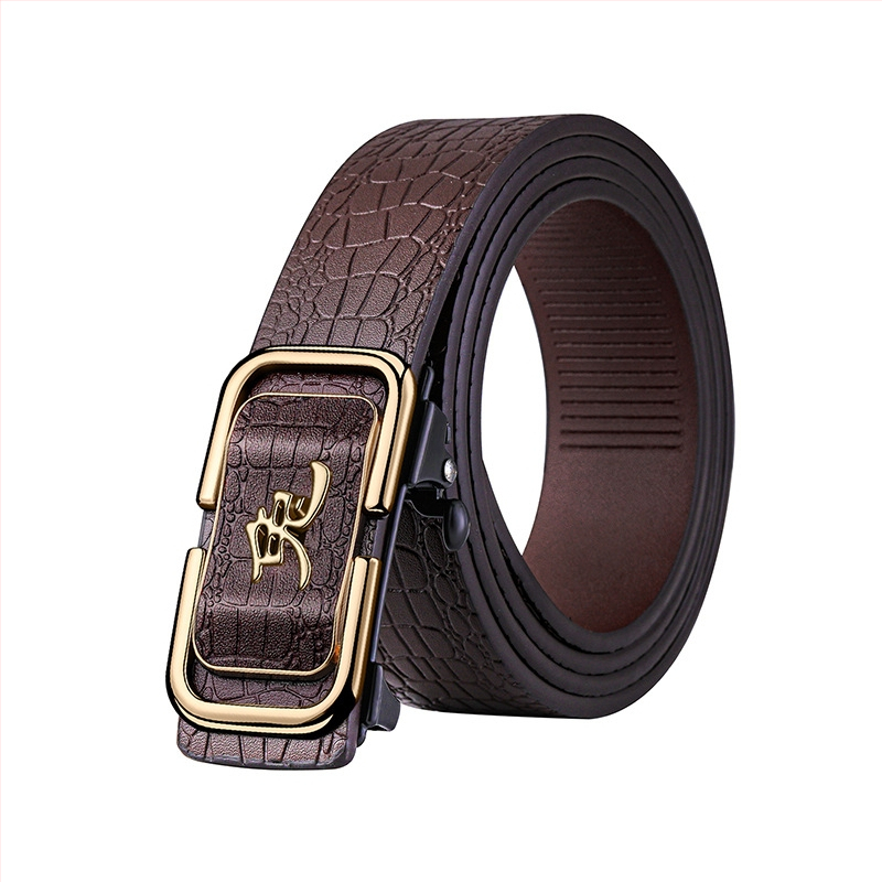 Curea din piele pentru bărbați, design 12 zodii, cataramă automată, piele naturală, două straturi de piele de vițel, placare electrolitică