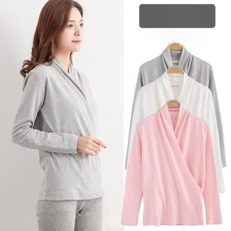 Σετ τοπ θηλασμού για εγκύους – μακριά μανίκια, μίξη βαμβάκι-ελαστάν, μπροστινό άνοιγμα θηλασμού, φθινοπωρινό 2025, στυλ τεσσάρων εποχών