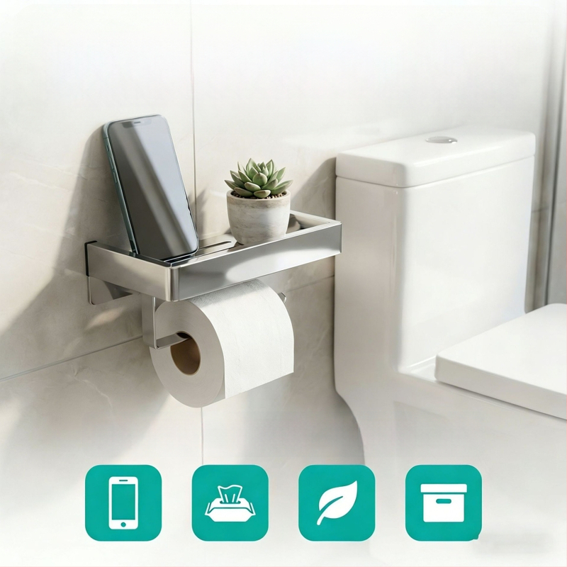 Raft de baie montat pe perete cu suport pentru hârtie igienică și telefon; oțel inoxidabil 304, finisaj polizat, formă dreptunghiulară.