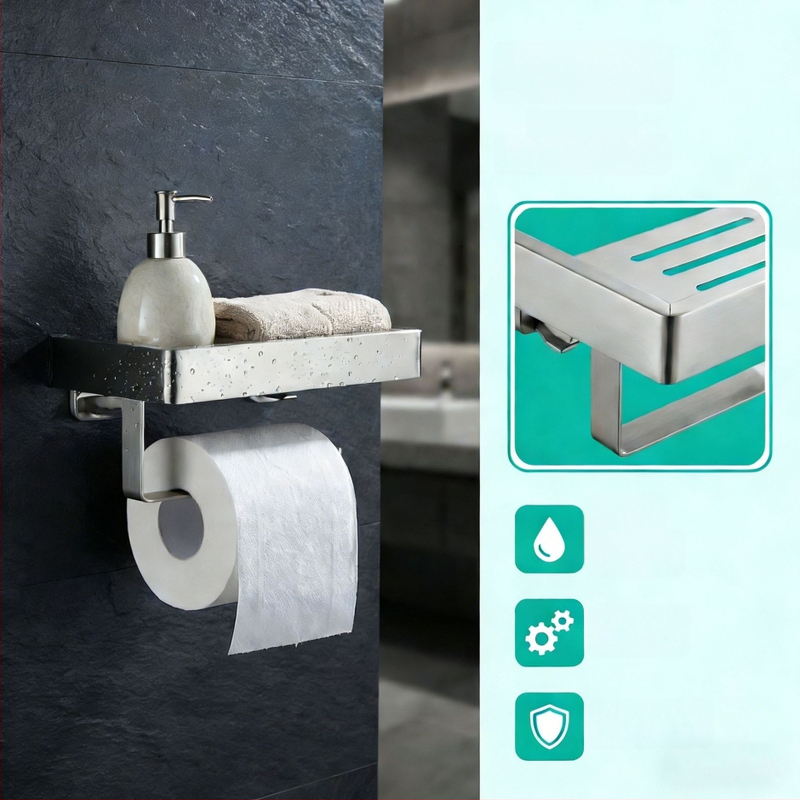 Raft de baie montat pe perete cu suport pentru hârtie igienică și telefon; oțel inoxidabil 304, finisaj polizat, formă dreptunghiulară.