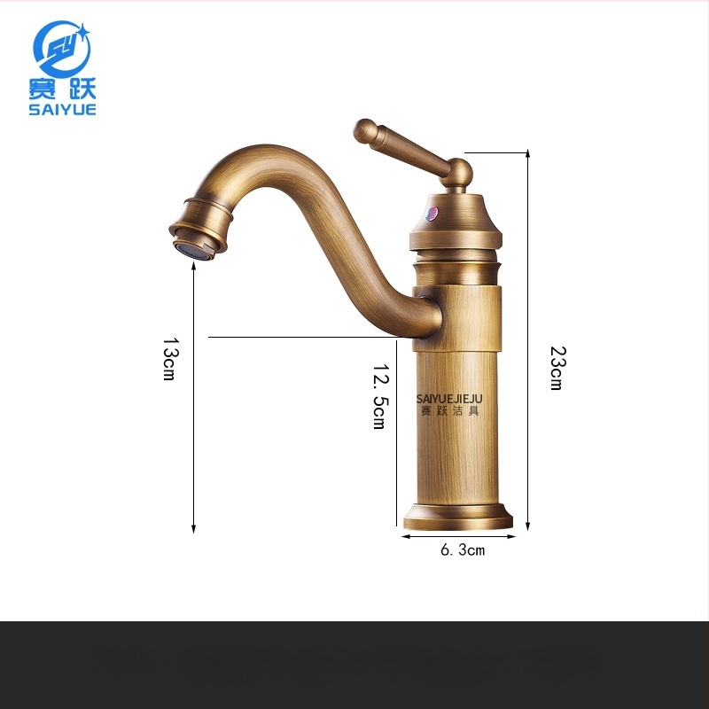 Mosadzový európsky antický kohútik pre umývadlo, horúca a studená voda, s jedným otvorom, na dosku, vysoký profil, keramický diskový ventil, model FG76-09