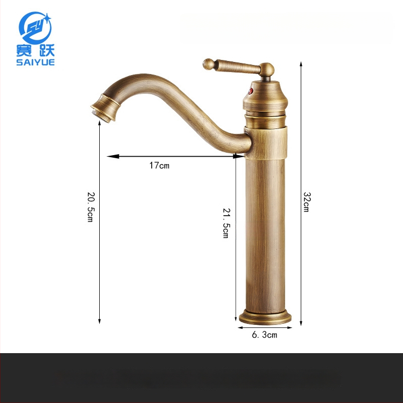 Mosadzový európsky antický kohútik pre umývadlo, horúca a studená voda, s jedným otvorom, na dosku, vysoký profil, keramický diskový ventil, model FG76-09