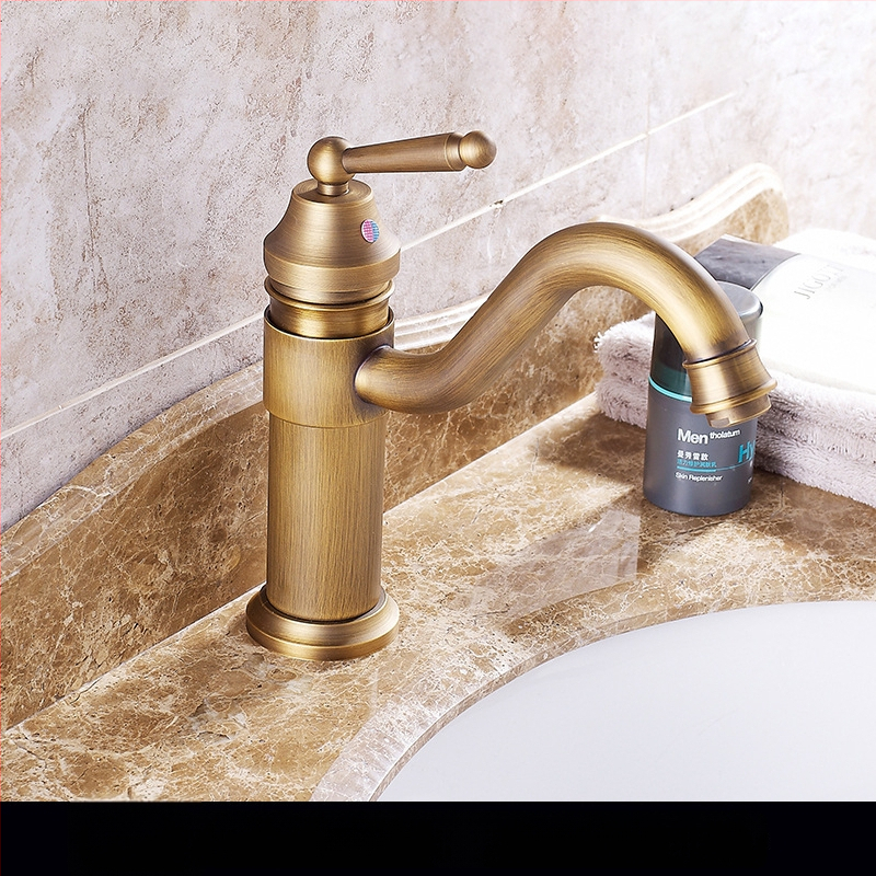 Mosadzový európsky antický kohútik pre umývadlo, horúca a studená voda, s jedným otvorom, na dosku, vysoký profil, keramický diskový ventil, model FG76-09