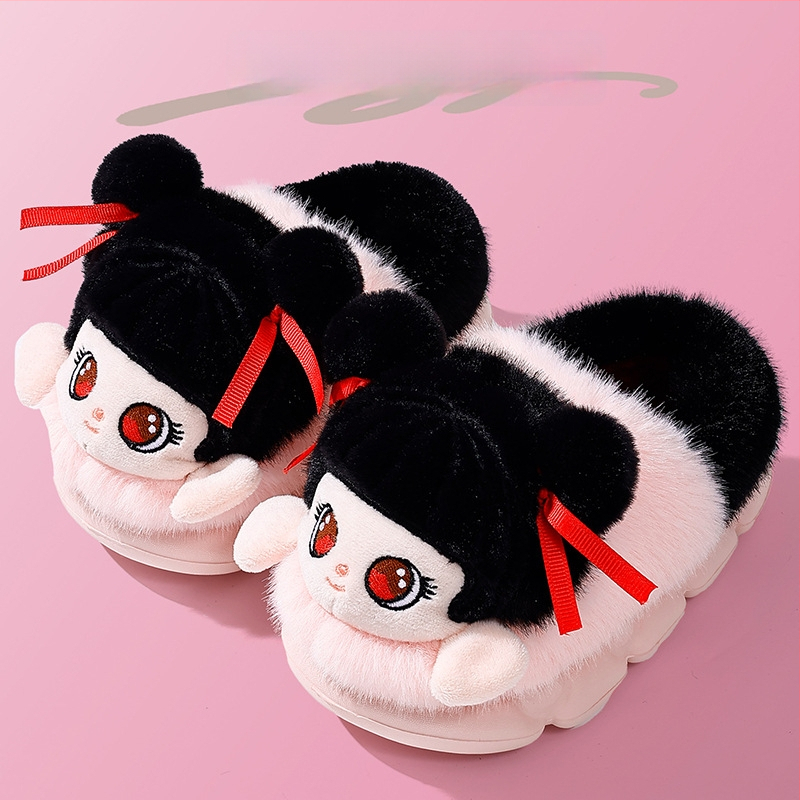 Унисекс памучни чехли с EVA подметка, плюшено горно покритие, подплата от полар, противохлъзгащи, топли и удобни, карикатурен дизайн за зимни и есенни дни