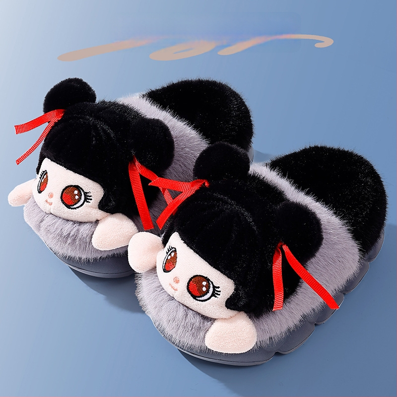 Унисекс памучни чехли с EVA подметка, плюшено горно покритие, подплата от полар, противохлъзгащи, топли и удобни, карикатурен дизайн за зимни и есенни дни