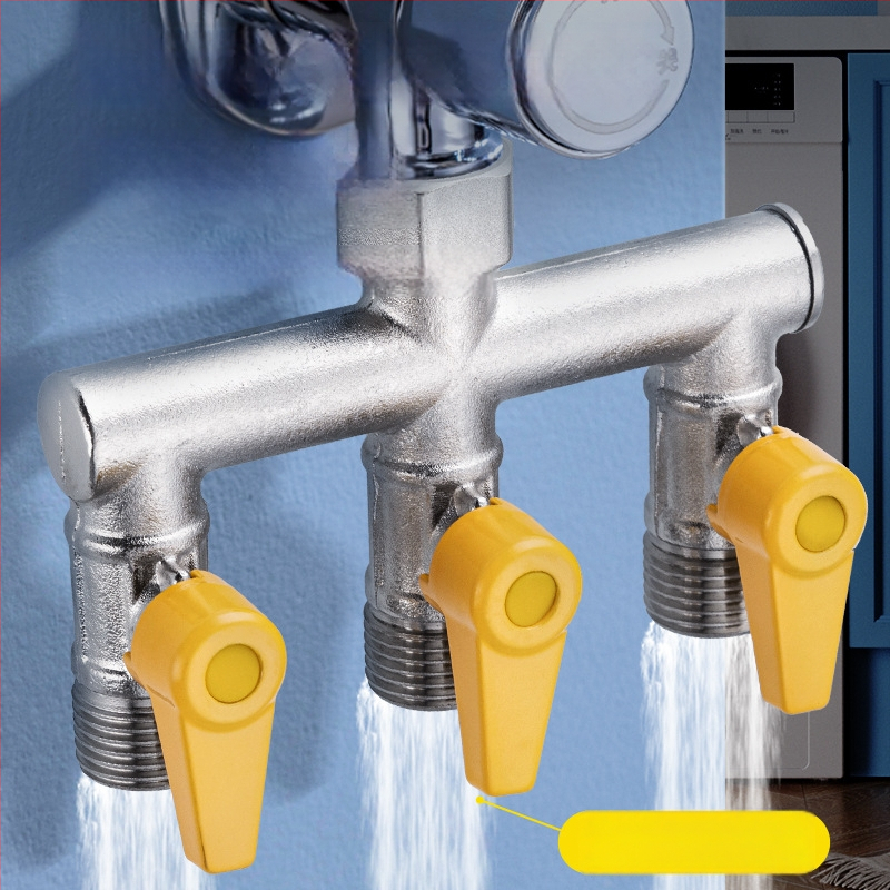 Mosazný rozdělovač vody na kohútik, 1 vstup 3 výstupy, závitové pripojenie, 0–90°C